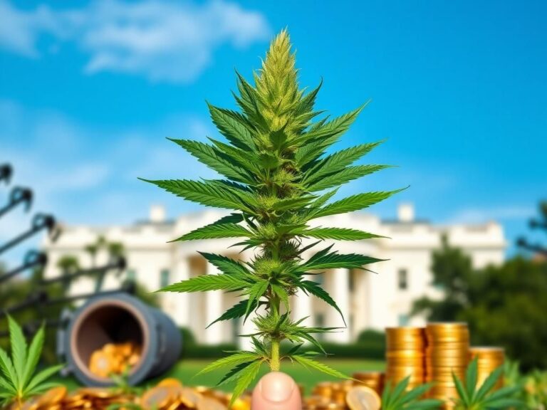 Flick International Lush cannabis plant symbolizing reform with the White House silhouette in the background