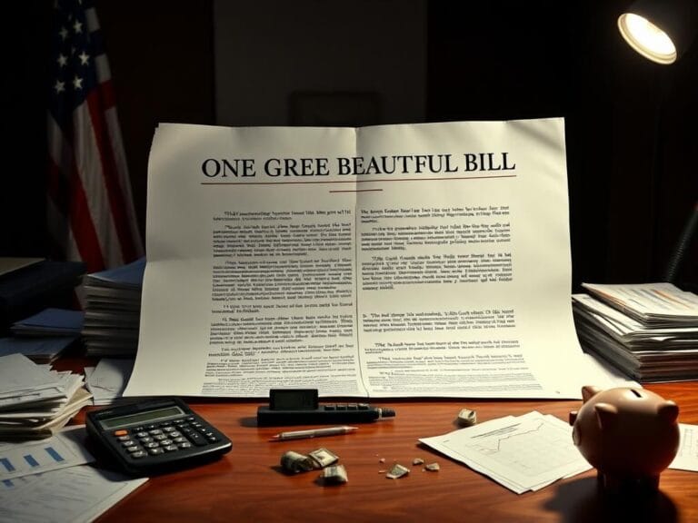 Flick International Large legislative document titled 'One Great Big Beautiful Bill' on a wooden desk surrounded by charts and graphs.