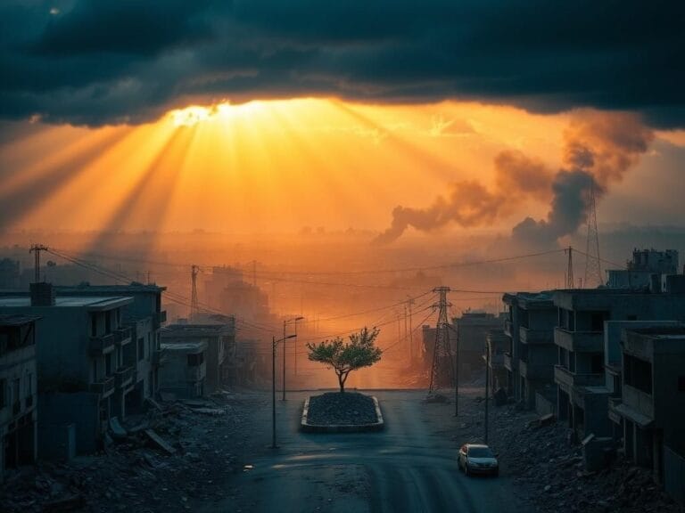Flick International Aerial view of a war-torn Gaza landscape featuring crumbling buildings and rising smoke
