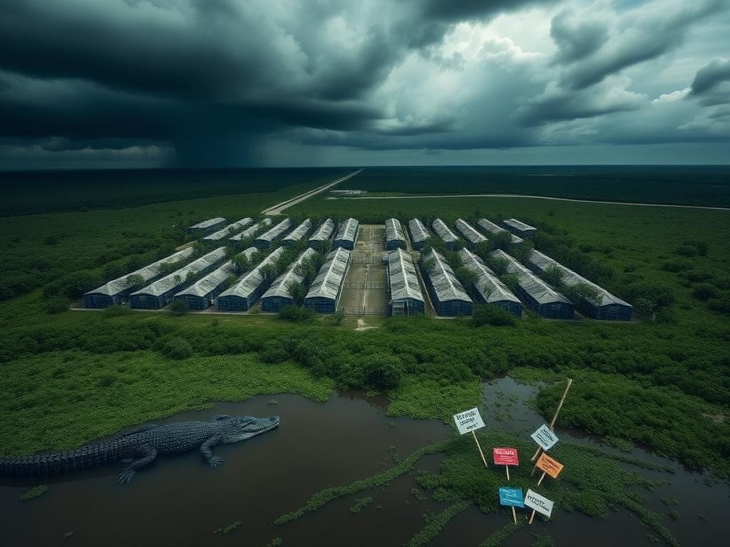 Flick International Aerial view of the Alligator Alcatraz detention center in the Everglades, surrounded by swamp and alligators.