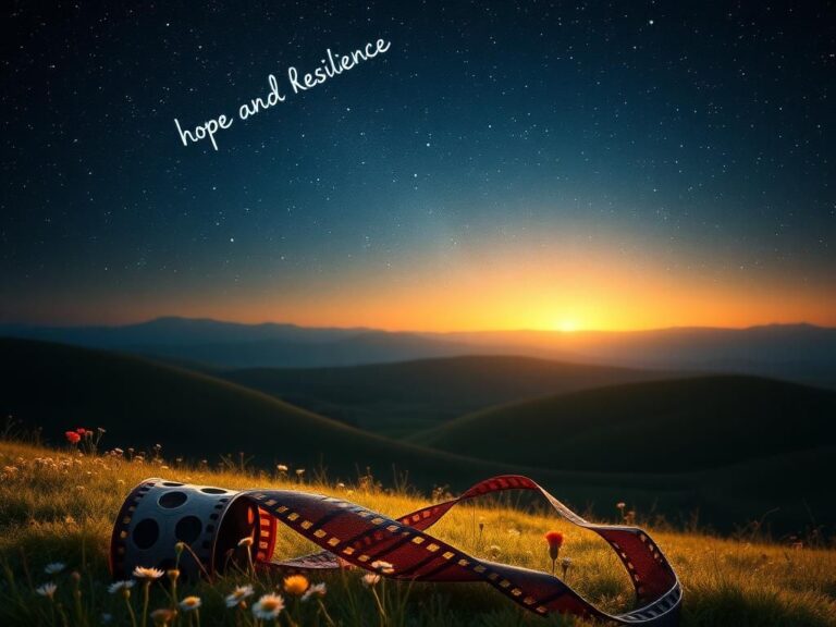 Flick International Starry night sky over a tranquil landscape symbolizing hope and resilience, with a vintage film reel suggesting William Shatner's connection to 'Star Trek.'