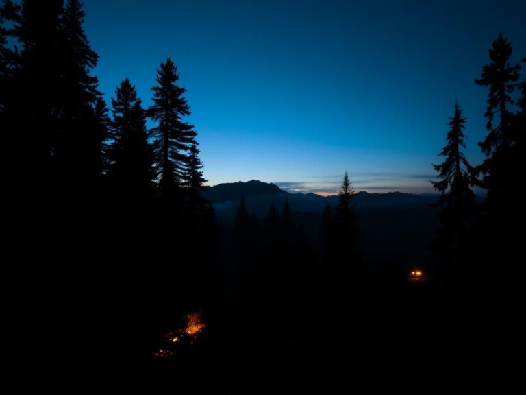 Flick International Dark forest scene at dusk with glowing brush fire in Idaho