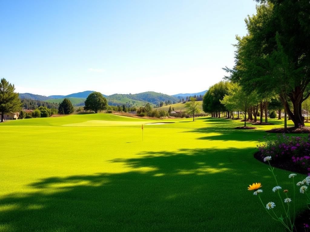 Flick International A scenic golf course landscape featuring rolling hills, manicured fairways, and blooming wildflowers.