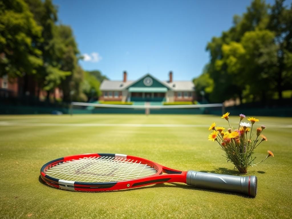 Flick International Dynamic tennis court scene at Wimbledon with an empty racquet and colorful wildflowers