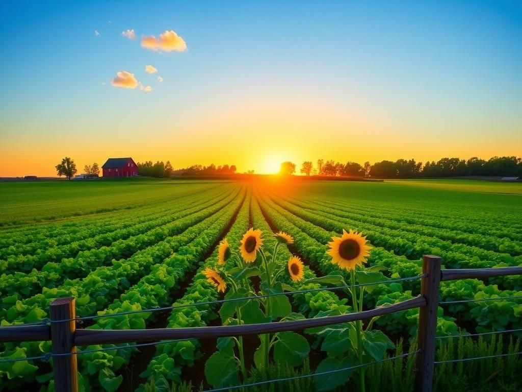 Flick International A serene farm landscape at sunrise with lush green fields and a wooden fence surrounding sunflowers.