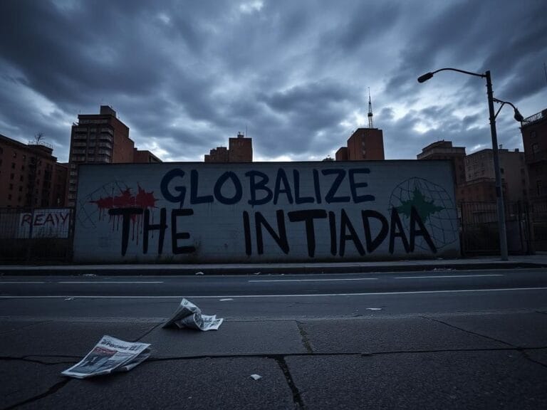 Flick International Tense urban street scene featuring a mural reading 'Globalize the Intifada' at dusk