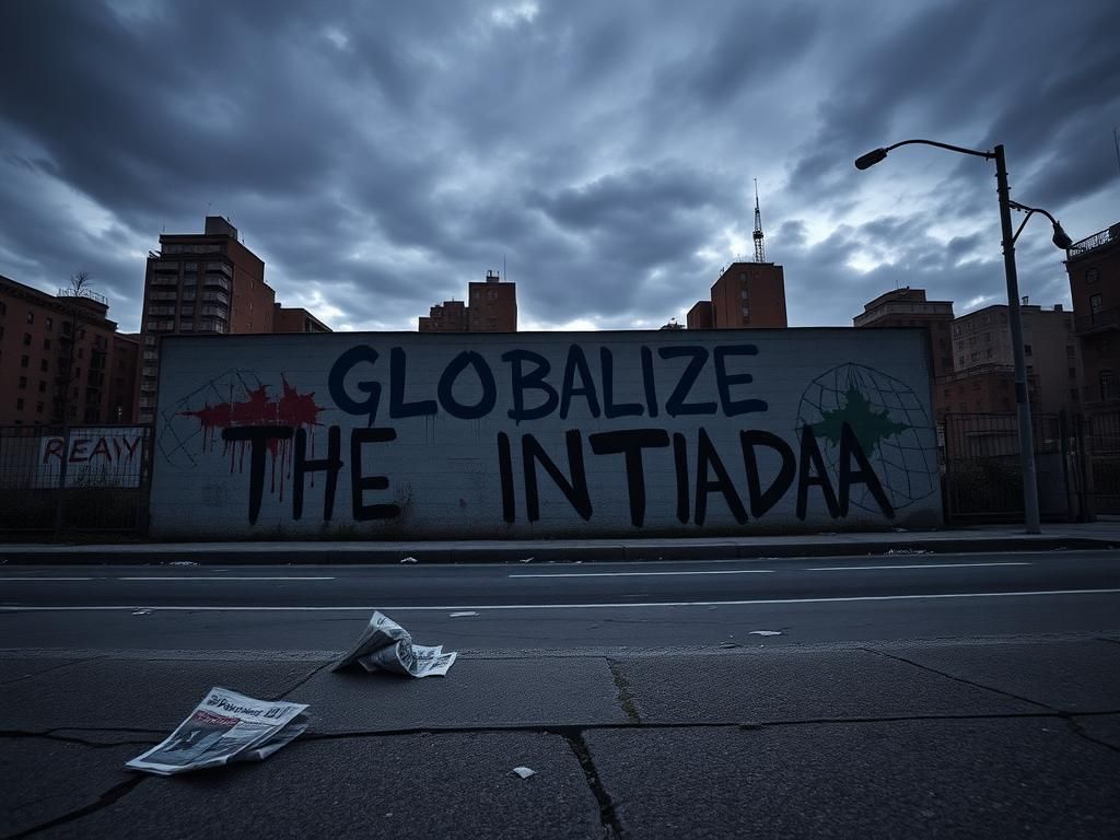 Flick International Tense urban street scene featuring a mural reading 'Globalize the Intifada' at dusk