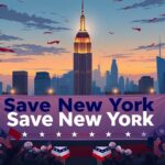 Flick International Political-themed illustration of New York skyline at dusk with Empire State Building and 'Save New York' banner