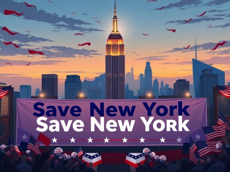 Flick International Political-themed illustration of New York skyline at dusk with Empire State Building and 'Save New York' banner