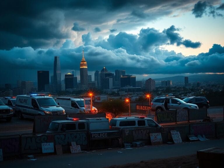 Flick International Dramatic urban landscape of Los Angeles with police barricades and graffiti-covered walls