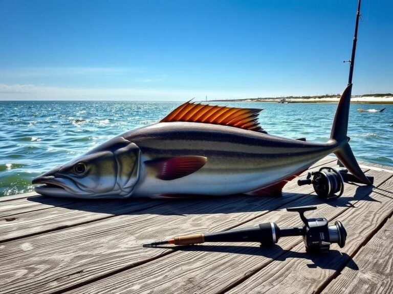 Flick International A record-breaking 56-pound almaco jack fish on a wooden dock in North Carolina.