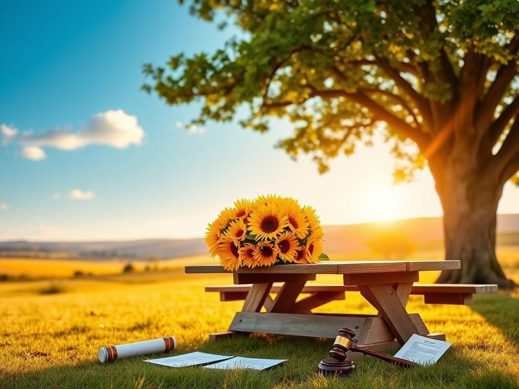 Flick International Serene outdoor setting symbolizing freedom, featuring a wooden picnic table under a leafy tree with sunflowers