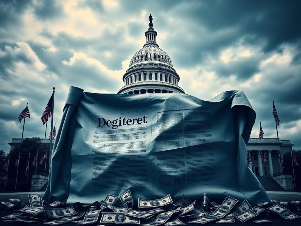 Flick International Dramatic depiction of the U.S. Capitol building under a cloudy sky with a legislative document in the foreground