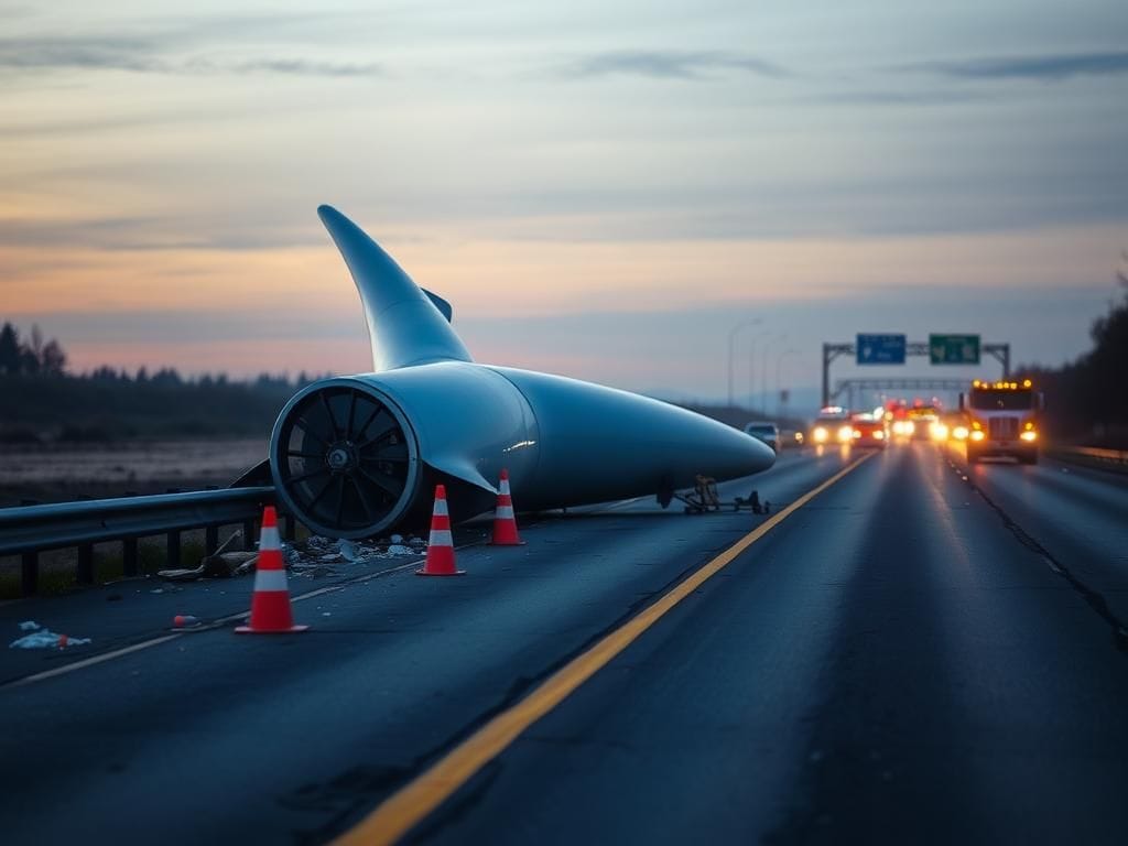 Flick International A broken wind turbine blade lying across I-70 with traffic cones and emergency lights in the background