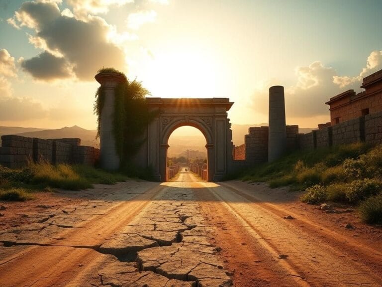 Flick International A weathered stone archway in Syria, partially covered in green vines, leading towards a bright sky symbolizing renewal.