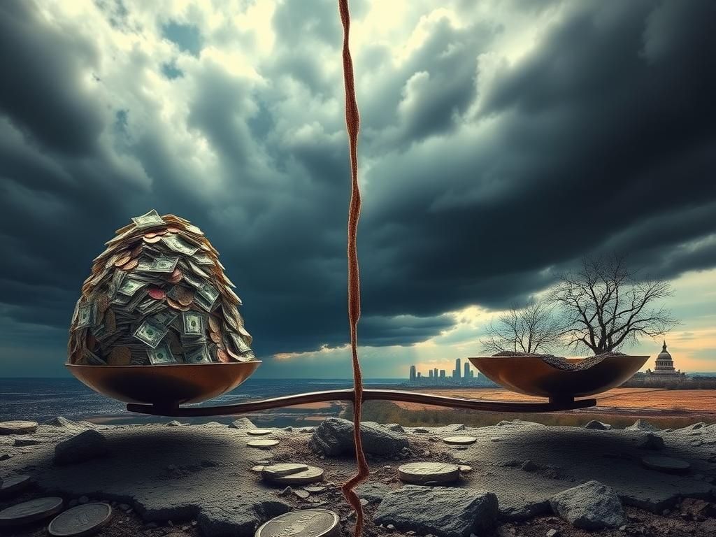 Flick International A cracked scale representing economic imbalance due to excessive spending and debt.