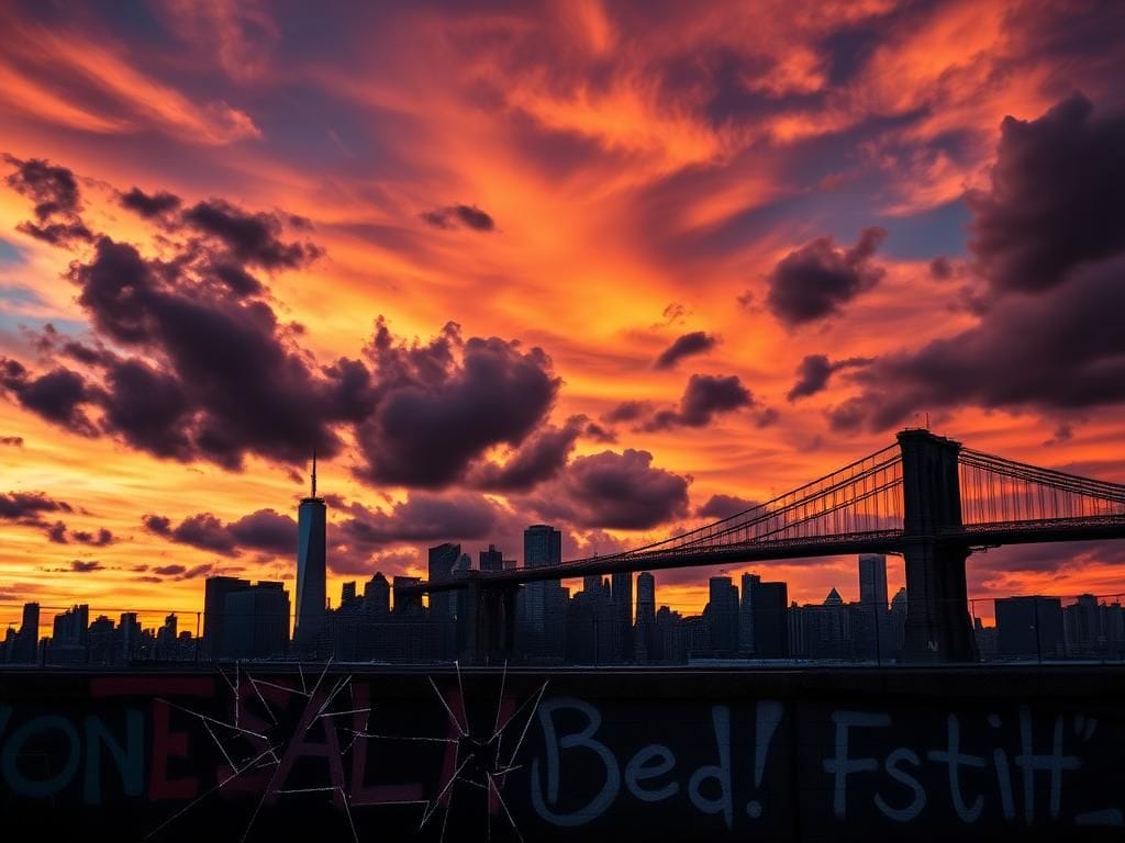 Flick International A dramatic sunset skyline of New York City with the Empire State Building and Brooklyn Bridge silhouetted against swirling storm clouds