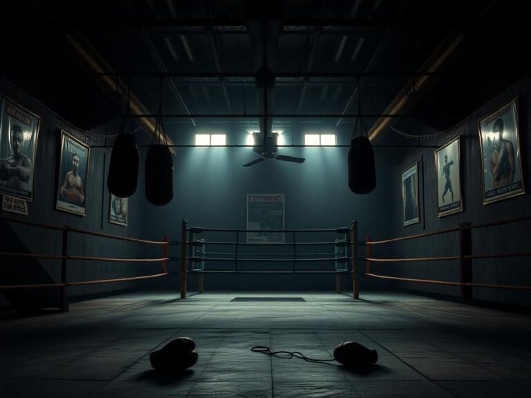 Flick International Dimly lit boxing gym with faded punching bags and an empty ring