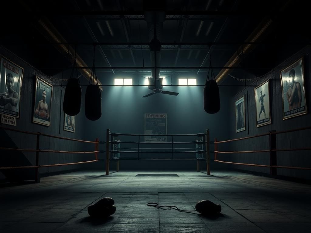 Flick International Dimly lit boxing gym with faded punching bags and an empty ring