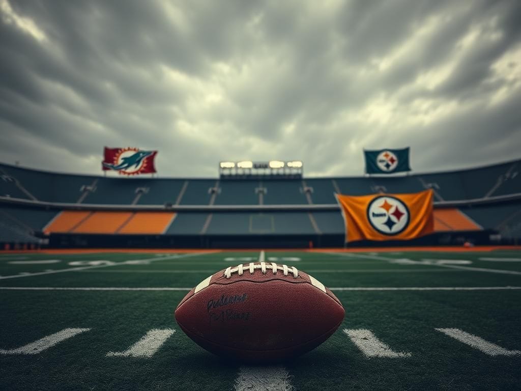 Flick International A dramatic view of an empty football field with the Miami Dolphins logo and Pittsburgh Steelers logo, surrounded by a cloudy sky and a battered football at the 50-yard line.