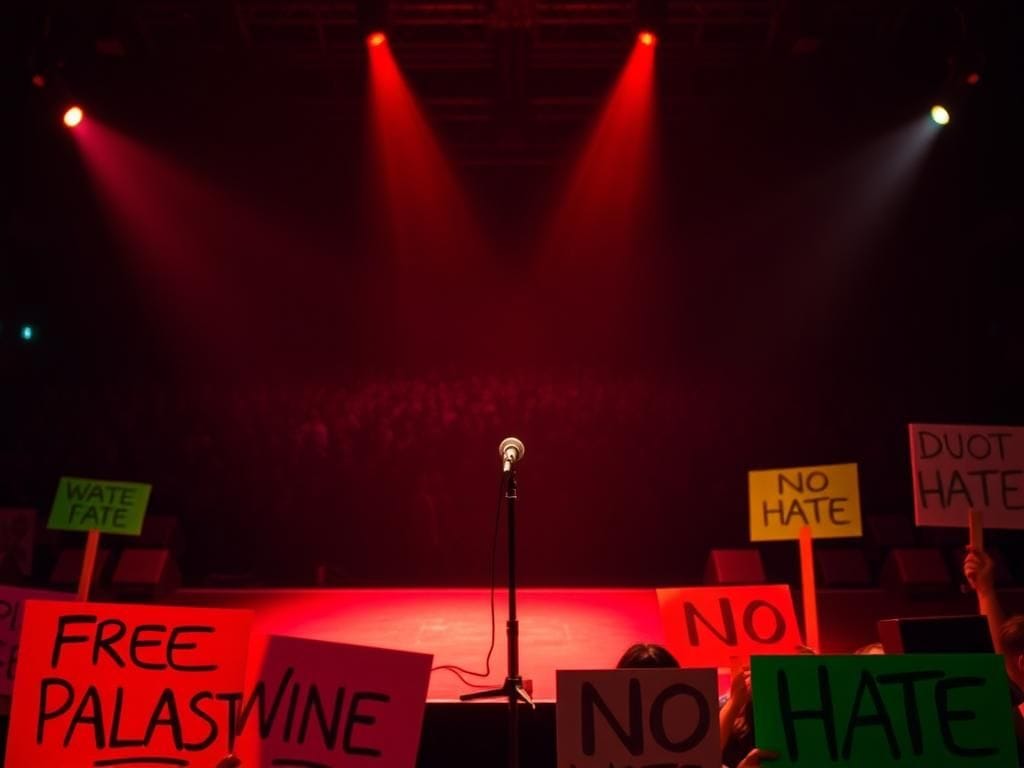 Flick International Empty concert stage with illuminated microphone symbolizing aftermath of controversial performance