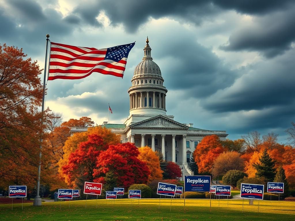 Flick International A dramatic depiction of the North Carolina state Capitol building amidst vibrant autumn foliage with an American flag in the foreground.