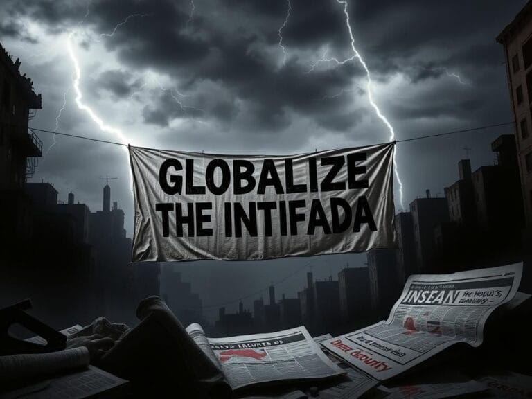 Flick International A large, weathered banner displaying the phrase 'Globalize the Intifada' in a dimly lit urban environment