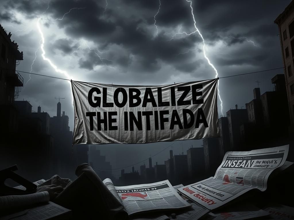 Flick International A large, weathered banner displaying the phrase 'Globalize the Intifada' in a dimly lit urban environment