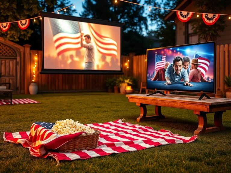 Flick International Cozy outdoor movie night setup with projector and smart TV