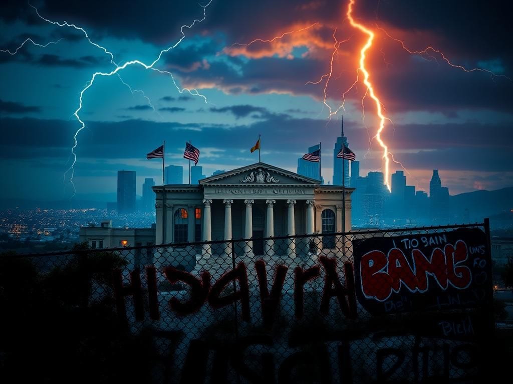 Flick International Dramatic urban landscape of Los Angeles at dusk with a large courthouse and American flags in the foreground
