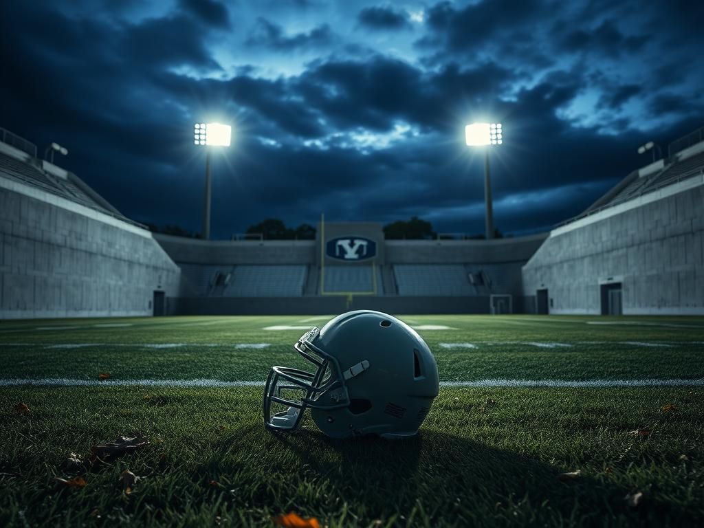 Flick International Empty football helmet on grass in a dimly lit stadium