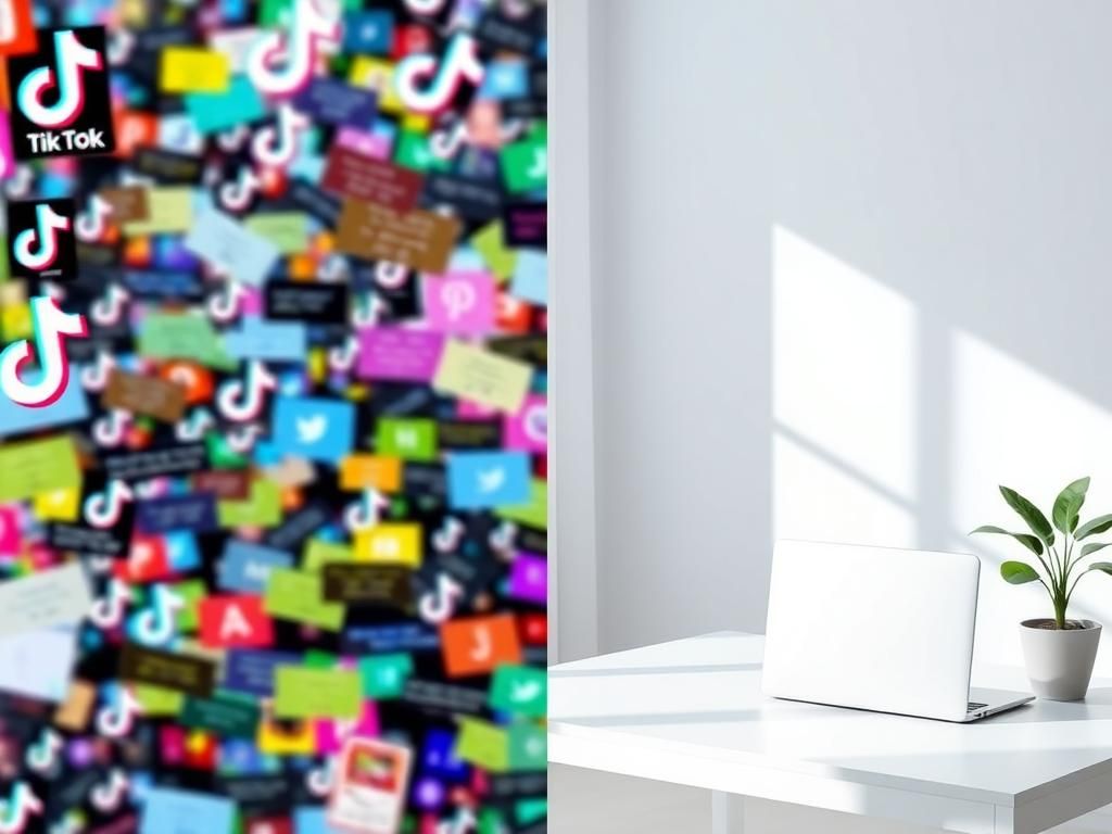 Flick International Split image contrasting chaotic TikTok landscape with serene mental health awareness scene
