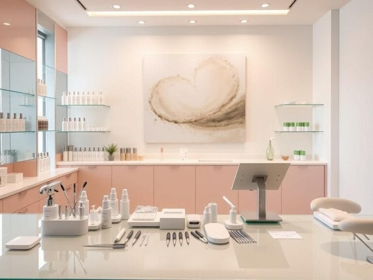 Flick International A serene interior of a modern aesthetic clinic with minimalist design and soft lighting