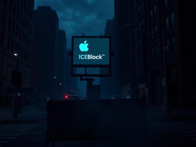 Flick International Dimly lit urban street corner with ICEBlock app billboard
