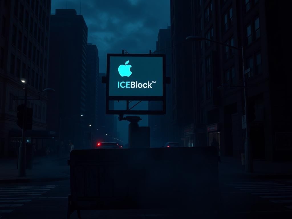 Flick International Dimly lit urban street corner with ICEBlock app billboard