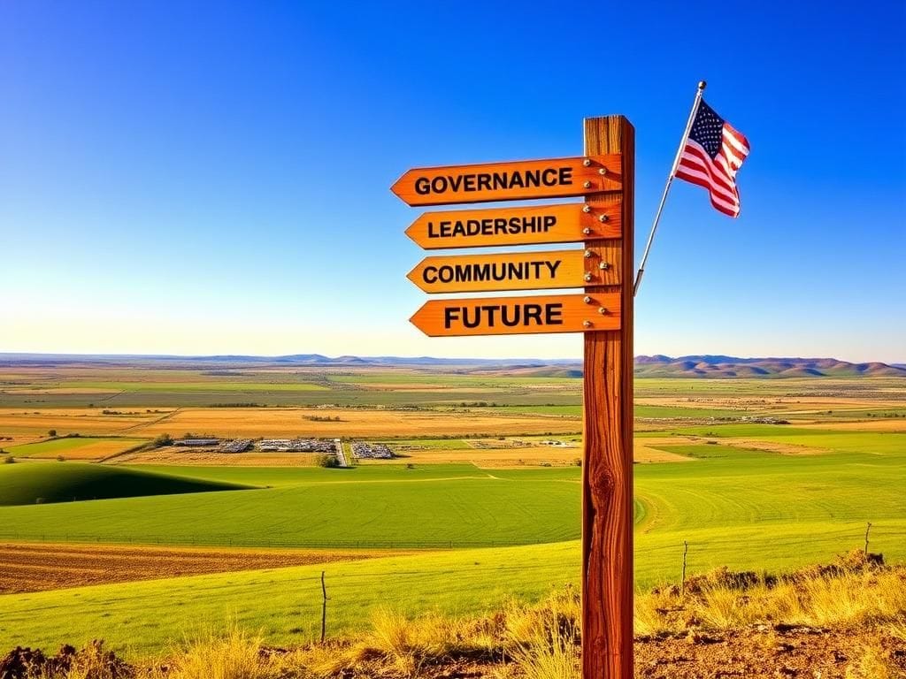 Flick International Vast South Dakota landscape with a weathered signpost and American flag under a clear blue sky