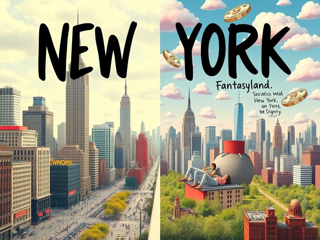 Flick International Split image depicting New York City's contrasting views on capitalism and socialism.