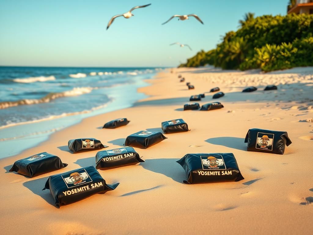 Flick International Mysterious black packages on a Florida beach at dawn