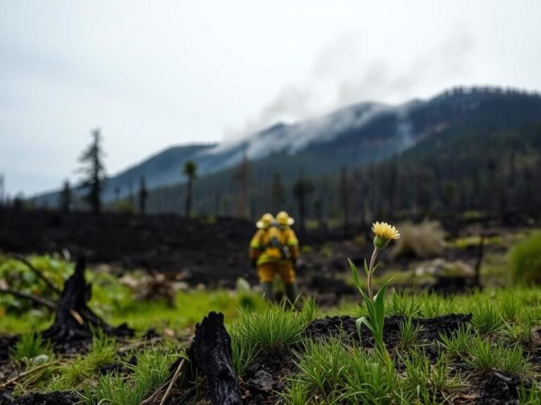 Flick International Somber landscape of Canfield Mountain in Idaho after a brush fire, showcasing charred stumps and struggling green grass.