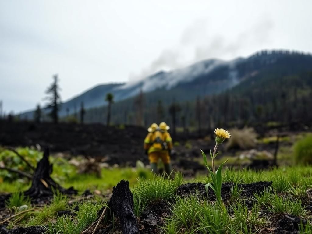Flick International Somber landscape of Canfield Mountain in Idaho after a brush fire, showcasing charred stumps and struggling green grass.