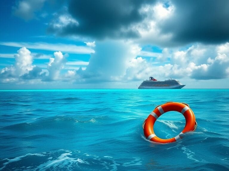 Flick International A serene ocean scene with a lifebuoy in the foreground and Disney Dream cruise ship in the background