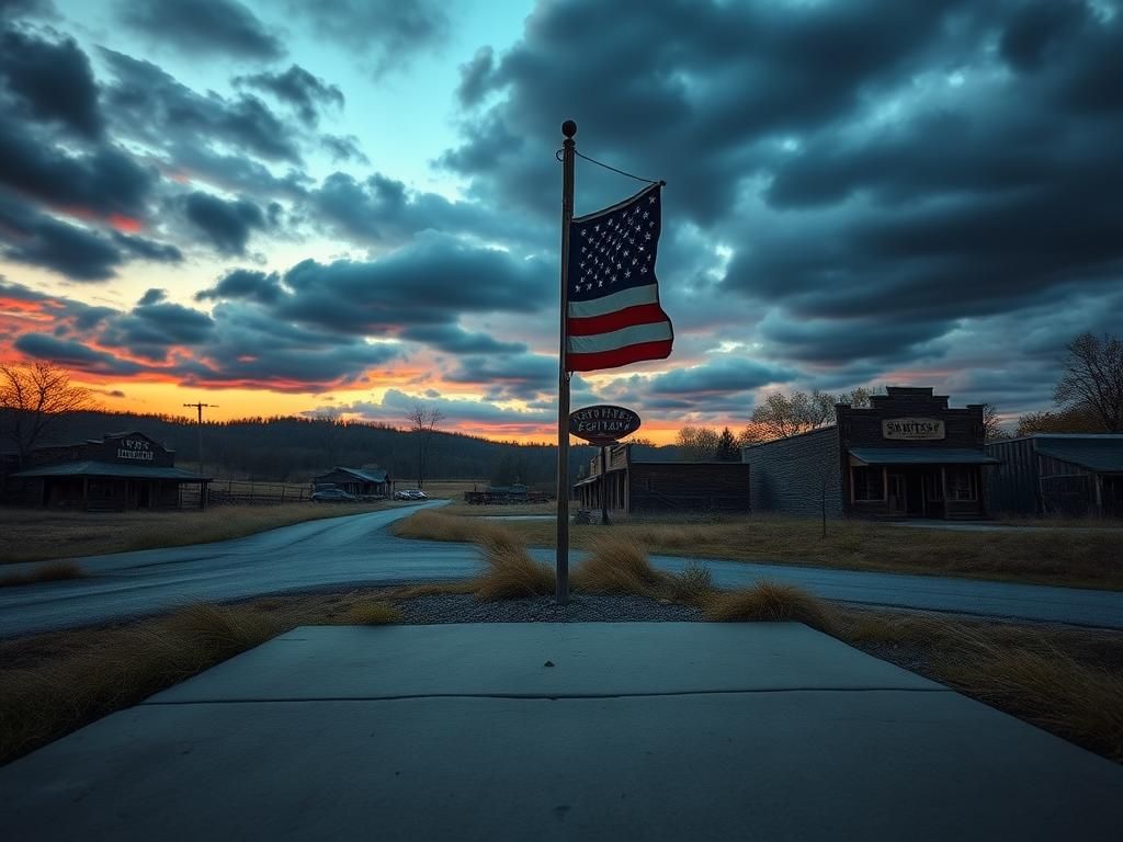Flick International A weathered American flag atop a wooden pole against a twilight sky