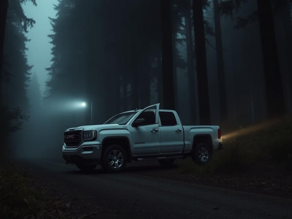 Flick International Abandoned 2017 GMC Sierra pickup truck in misty forest scene