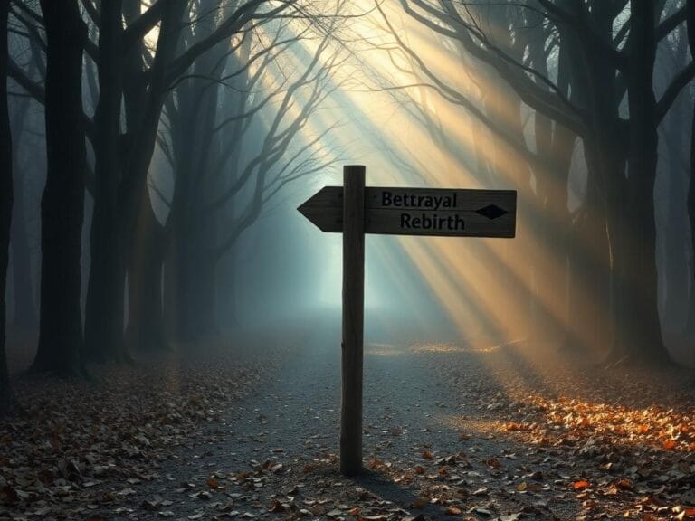 Flick International A misty forest path with a weathered signpost symbolizing betrayal and rebirth