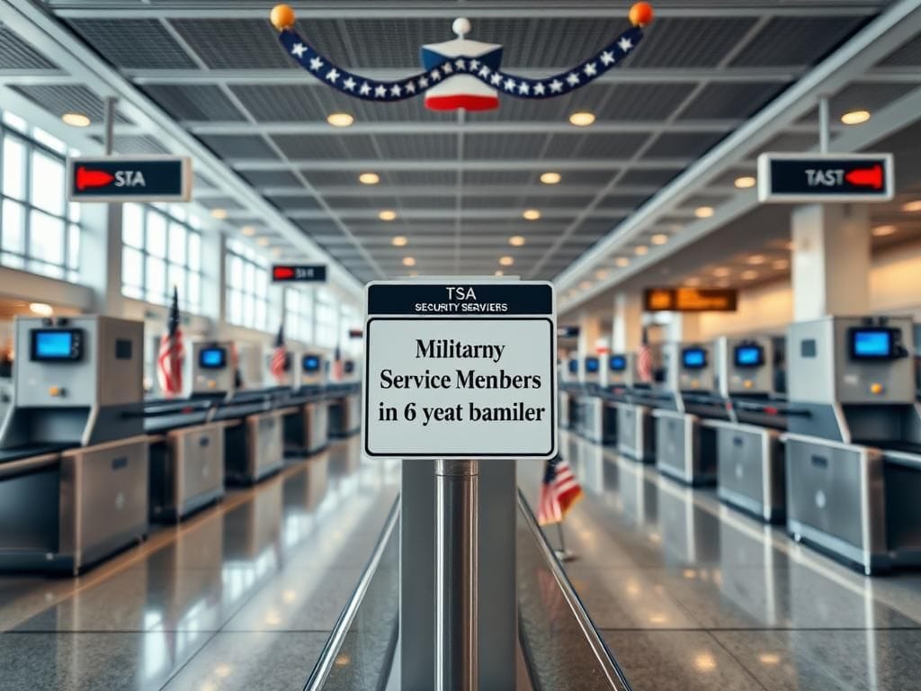 Flick International airport security checkpoint with a designated lane for military service members