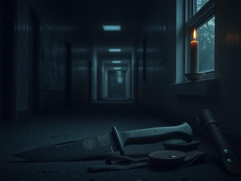 Flick International Dimly lit university hallway with a Ka-Bar knife in the foreground, representing the tragic Idaho student murders case