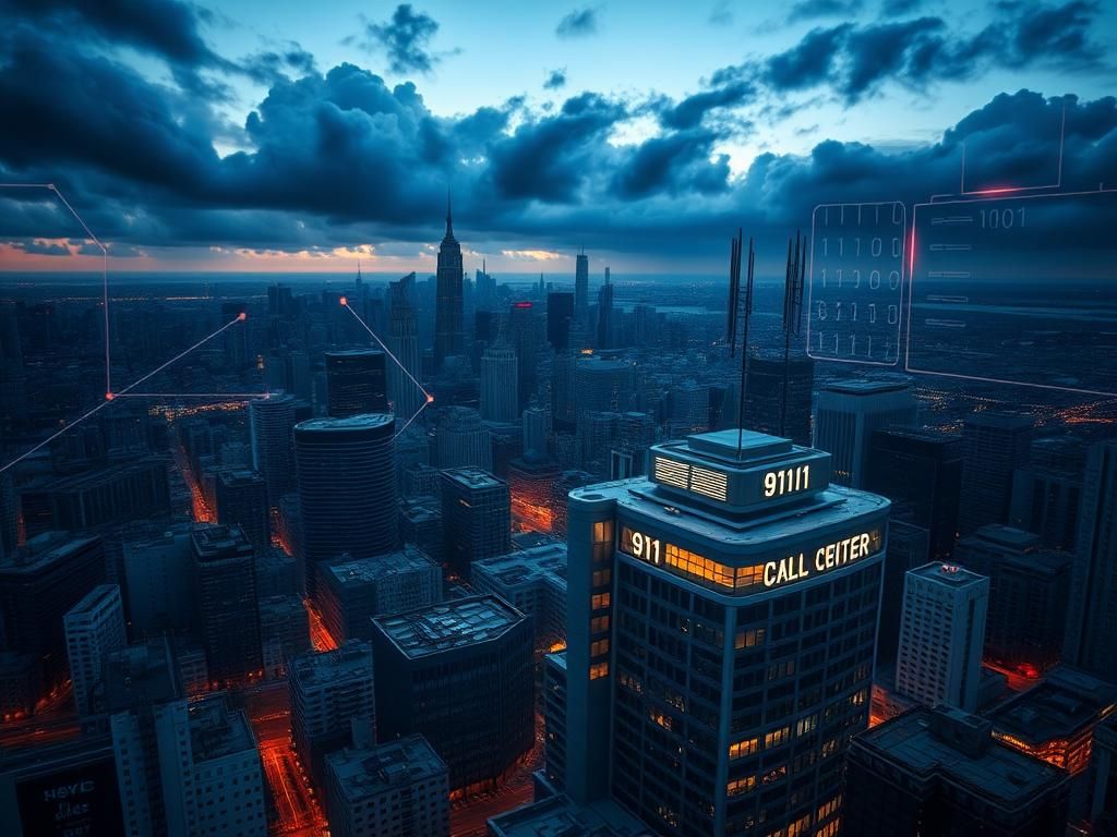 Flick International Aerial view of a cityscape at dusk with emergency call center