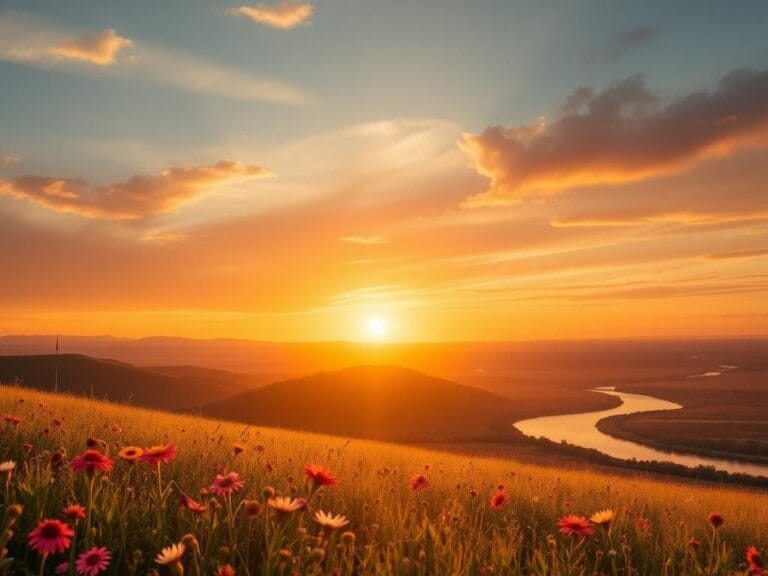 Flick International A vast American landscape at sunset with wildflowers and an American flag
