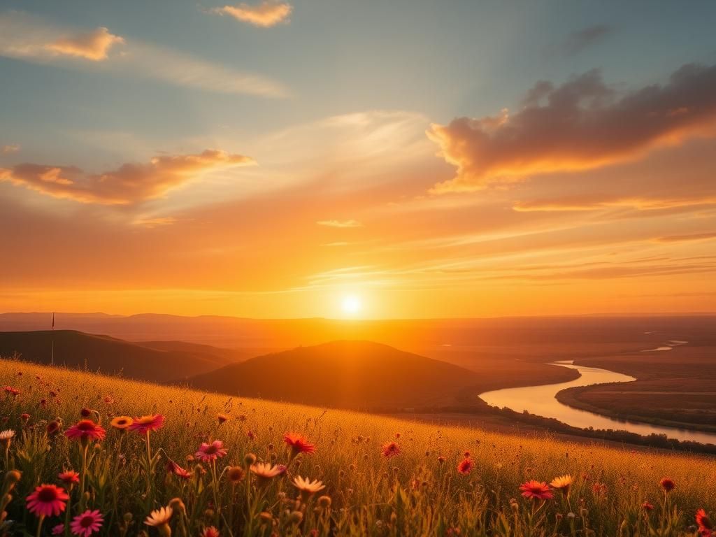 Flick International A vast American landscape at sunset with wildflowers and an American flag