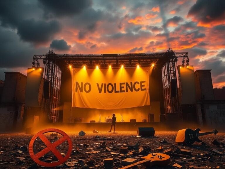 Flick International Dust-colored concert stage with a banner reading 'No Violence' amidst graffiti-covered walls.